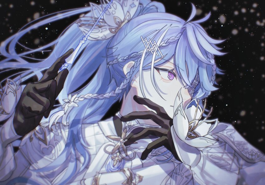 1boy, black_background, black_gloves, blue_hair, braid, conductor_baton, eyepatch, gloves