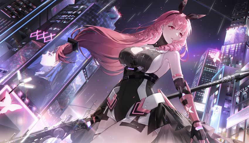 1girl, akiyadol, ayla:_kaleido_(pgr), ayla_(pgr), bare_shoulders, billboard, black_gloves, black_hairband, black_leotard, breasts, bug, building, butterfly, cityscape, cowboy_shot, drill_hair, drill_sidelocks, dutch_angle, fingerless_gloves, from_below, gloves, hairband, highres, holding, holding_polearm, holding_weapon, insect, large_breasts, leotard, long_hair, looking_to_the_side, low-tied_long_hair, mechanical_arms, night, official_art, parted_lips, pink_butterfly, pink_eyes, pink_hair, polearm, punishing:_gray_raven, rabbit_bow, sidelocks, sky, solo, turning_head, weapon