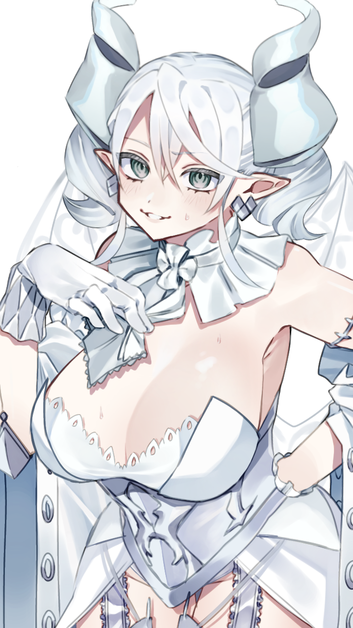 1girl, armored_corset, armpit_crease, breasts, cleavage, country_takeuchi, cowboy_shot, demon_girl