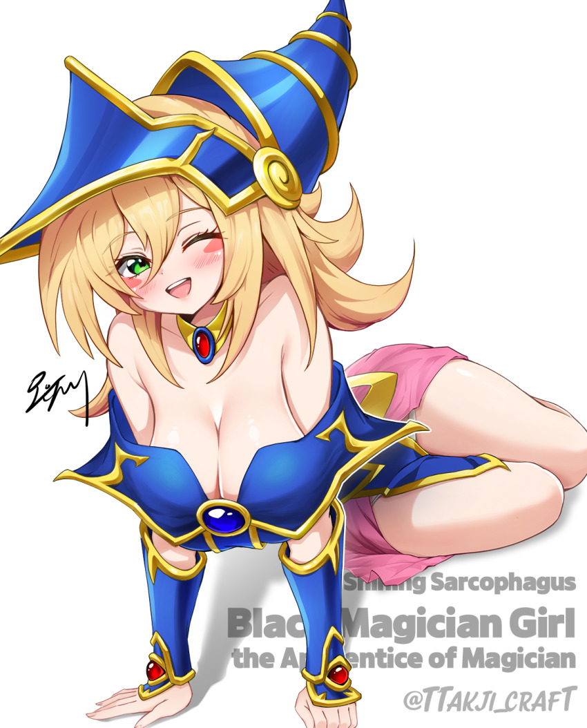 1girl, blonde_hair, blue_dress, blush_stickers, breasts, character_name, cleavage, collar