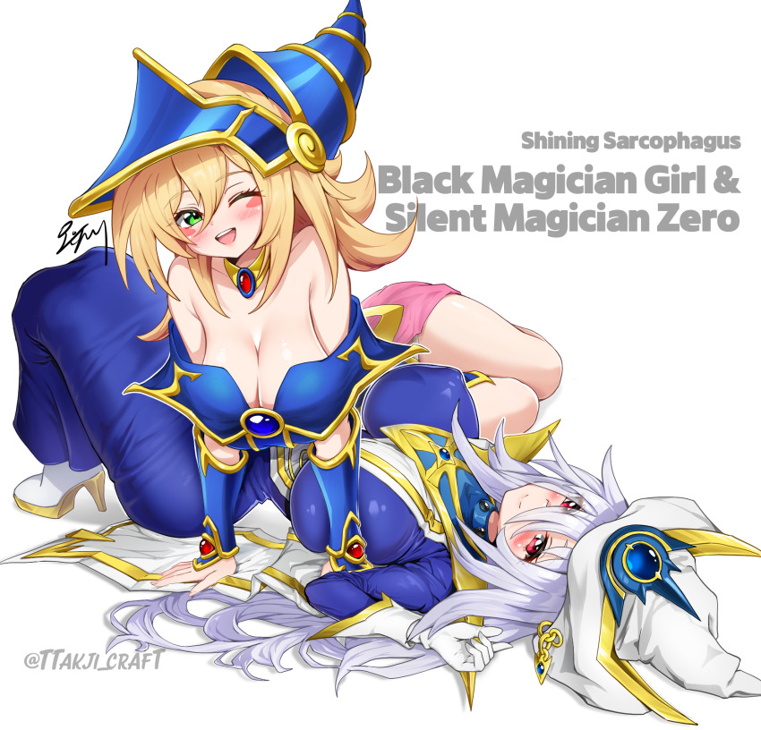 2girls, blonde_hair, blue_background, blue_dress, blush, blush_stickers, breasts, character_name