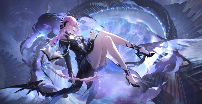 1girl, akiyadol, anklet, ball, bare_legs, black_dress, black_footwear, black_nails, blue_background, book, braid, crossed_legs, dress, earrings, floating, from_side, full_body, grey_eyes, hair_ornament, hand_up, high_heels, highres, ishmael:_parhelion_(pgr), ishmael_(pgr), jewelry, knees_up, long_braid, long_hair, long_sleeves, looking_at_object, low-braided_long_hair, low-tied_long_hair, official_art, open_book, parted_lips, pink_hair, punishing:_gray_raven, short_dress, solo, very_long_hair