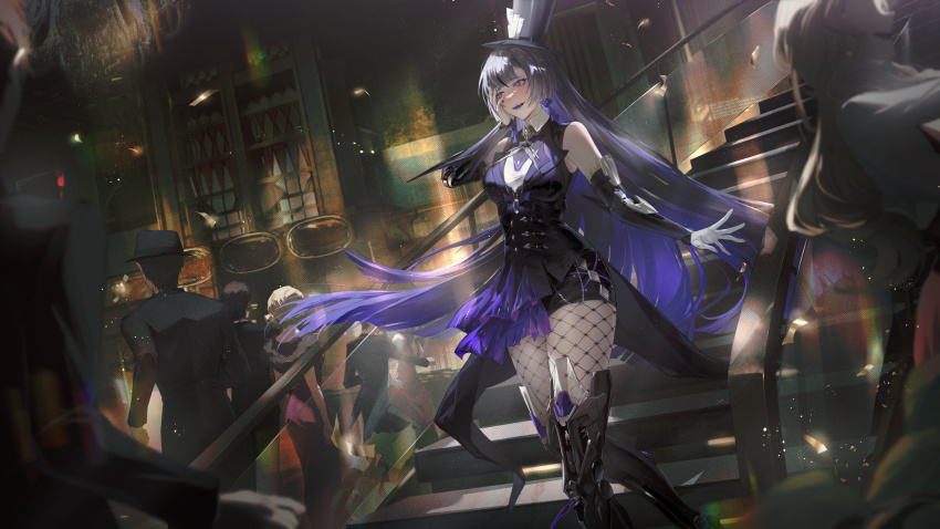 2boys, 3girls, :d, akiyadol, black_hair, black_hat, black_shorts, black_vest