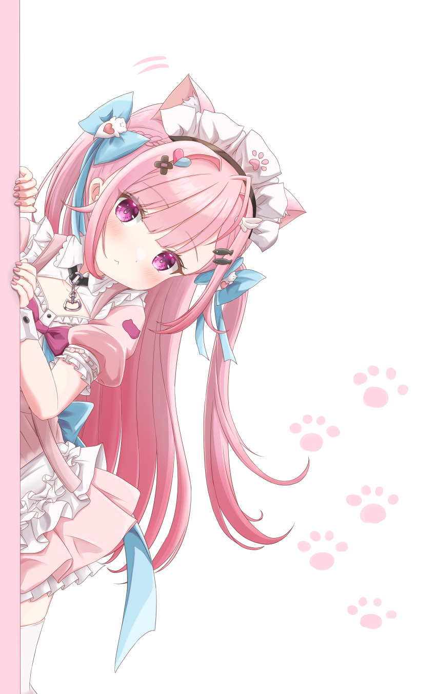 1girl, :<, absurdres, ahoge, animal_ear_fluff, animal_ears, animal_print, apron, bandaid, bandaid_hair_ornament, black_choker, blue_bow, bow, bowtie, braid, cat_choker, cat_ears, cat_print, choker, choro_star, cleavage_cutout, closed_mouth, clothing_cutout, dot_nose, dress, fish_hair_ornament, frilled_apron, frilled_dress, frilled_sleeves, frills, hair_bow, hair_intakes, hair_ornament, heart, heart_hair_ornament, highres, indie_virtual_youtuber, long_hair, looking_at_viewer, maid_headdress, paw_print, peeking_out, pink_bow, pink_bowtie, pink_dress, pink_eyes, pink_hair, pink_nails, short_sleeves, simple_background, solo, thighhighs, very_long_hair, virtual_youtuber, white_apron, white_background, white_thighhighs, wing_hair_ornament, yuuki_sakuna, yuuki_sakuna_(1st_costume), zettai_ryouiki