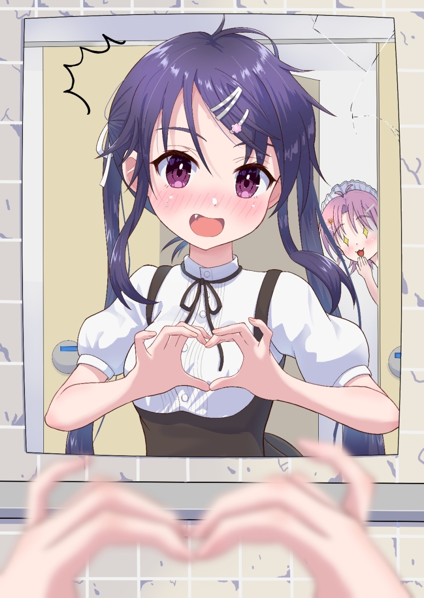 +_+, 2girls, alternate_costume, apron, bathroom, black_apron, black_ribbon, blush