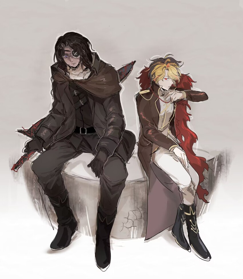 1boy, 1girl, black_footwear, black_gloves, black_pants, boots, brown_jacket, brown_pants