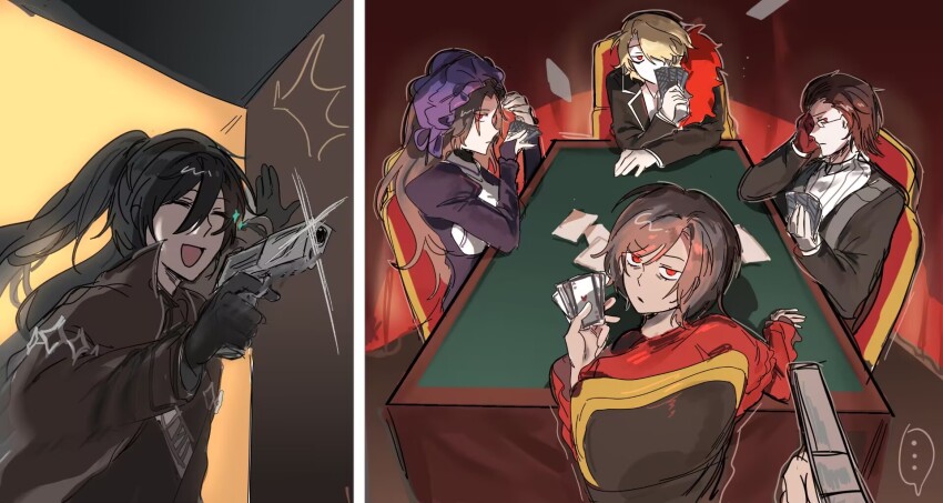 2boys, 3girls, black_gloves, black_hair, bonnet, brown_hair, brown_jacket, closed_eyes, dark-skinned_female, dark_skin, don_quixote_(project_moon), dress, fanghunt_office_(identity)_(project_moon), gloves, gregor_(project_moon), gun, hair_slicked_back, half_updo, highres, holding, holding_gun, holding_weapon, hong_lu_(project_moon), jacket, juliet_sleeves, la_manchaland_(identity)_(project_moon), limbus_company, long_hair, long_sleeves, looking_at_viewer, medium_hair, multiple_boys, multiple_girls, open_mouth, outis_(project_moon), project_moon, puffy_sleeves, purple_bonnet, purple_dress, red_eyes, rodion_(project_moon), rowsic, sancho_(project_moon), short_hair, smile, weapon