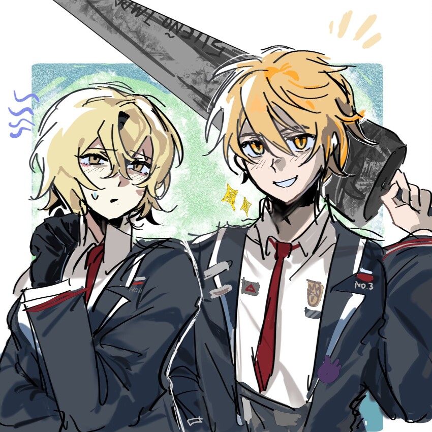 1boy, 1girl, black_gloves, blonde_hair, collared_shirt, don_quixote_(project_moon), genderswap, genderswap_(ftm)