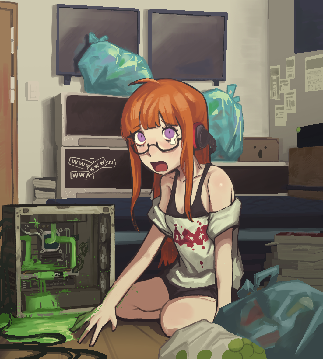 1girl, accident, ahoge, bed, bedroom, behind-the-head_headphones, black_shorts, black_tank_top