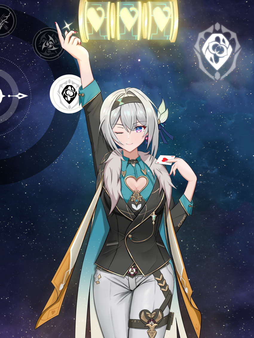 1girl, absurdres, ace_(playing_card), ace_of_hearts, alternate_costume, alternate_hair_length, alternate_hairstyle, aqua_shirt