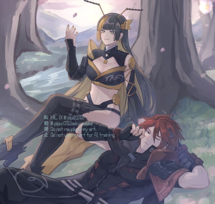 1boy, 1girl, black_coat, black_hair, blonde_hair, breasts, cherry_blossoms, cleavage