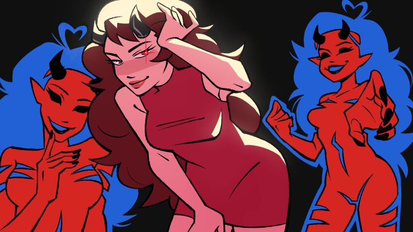 3girls, ahoge, blue_hair, breasts, brown_hair, demon_girl, demon_horns, dress, friday_night_funkin', girlfriend_(friday_night_funkin'), highres, horns, looking_at_viewer, mebssann, medium_breasts, multiple_girls, pointy_ears, red_dress, red_eyes, short_dress