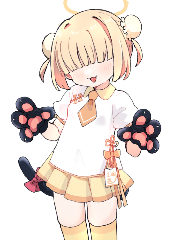 1girl, :3, animal_hands, blonde_hair, blue_archive, blunt_bangs, blush, breasts