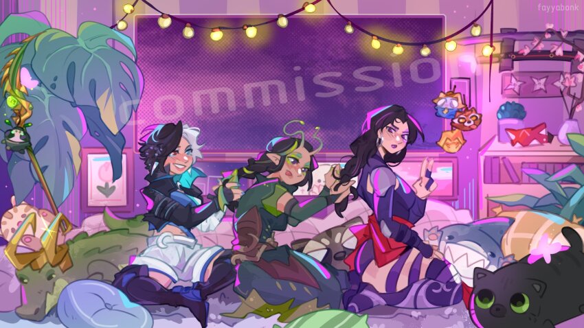 3girls, alien, antennae, ass, black_hair, blue_eyes, blush, breasts