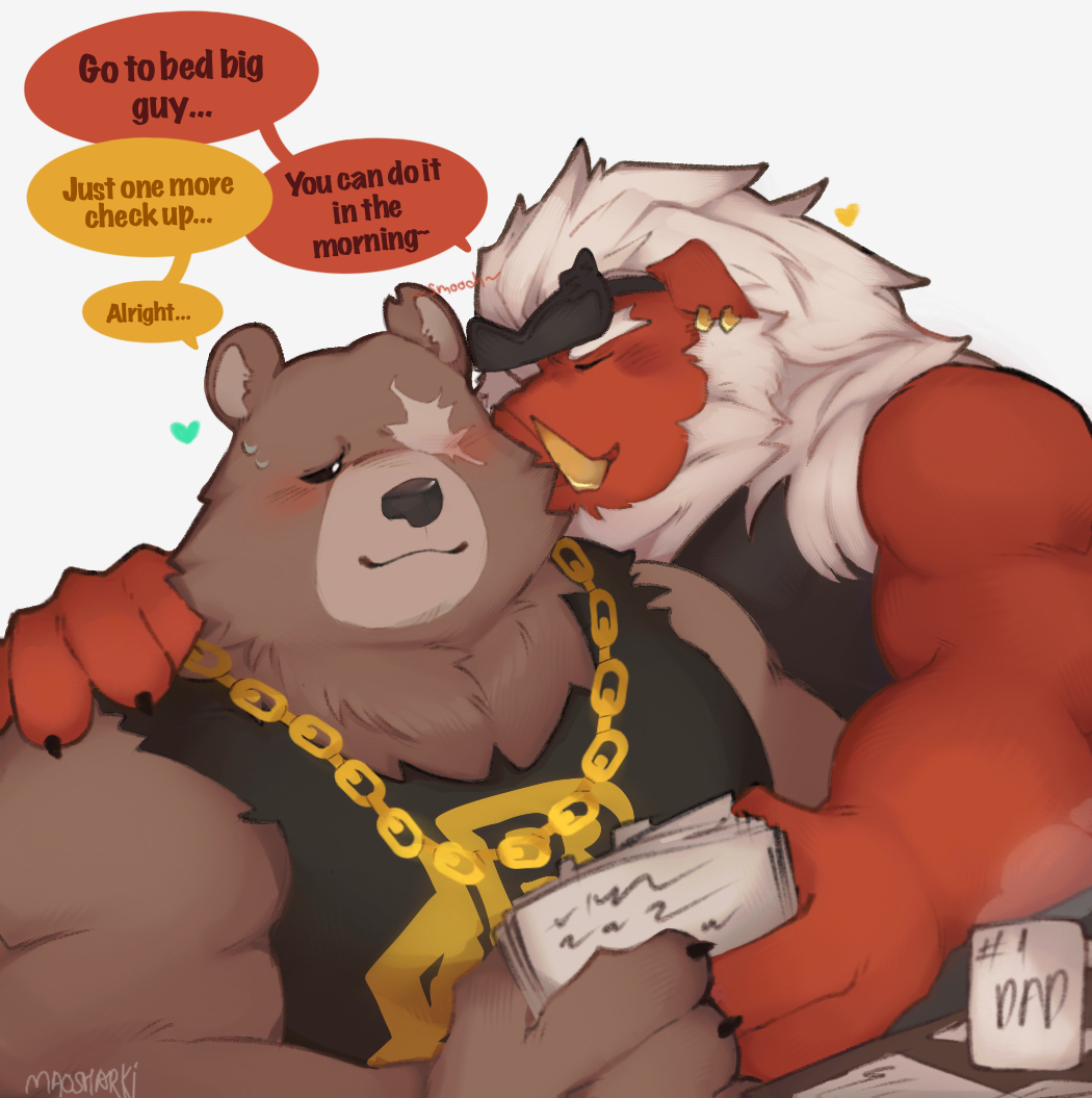 2boys, animal_ears, artist_name, bear_boy, bear_ears, beard, ben_bigger, biceps, big_daddy_(zenless_zone_zero), black_tank_top, blush, boar_boy, boar_ears, brown_fur, chain, chain_necklace, claws, colored_skin, commentary, cup, earrings, english_commentary, english_text, eyewear_on_head, facial_hair, fat, fat_man, furry, furry_male, heart, holding, holding_paper, jewelry, kiss, looking_at_another, male_focus, maosharki, mug, multiple_boys, muscular, muscular_male, necklace, notched_ear, open_mouth, paper, pig_nose, red_skin, scar, scar_across_eye, scar_on_face, shirt, smile, speech_bubble, sunglasses, sweatdrop, tank_top, torn_clothes, torn_shirt, tusks, white_hair, yaoi, zenless_zone_zero