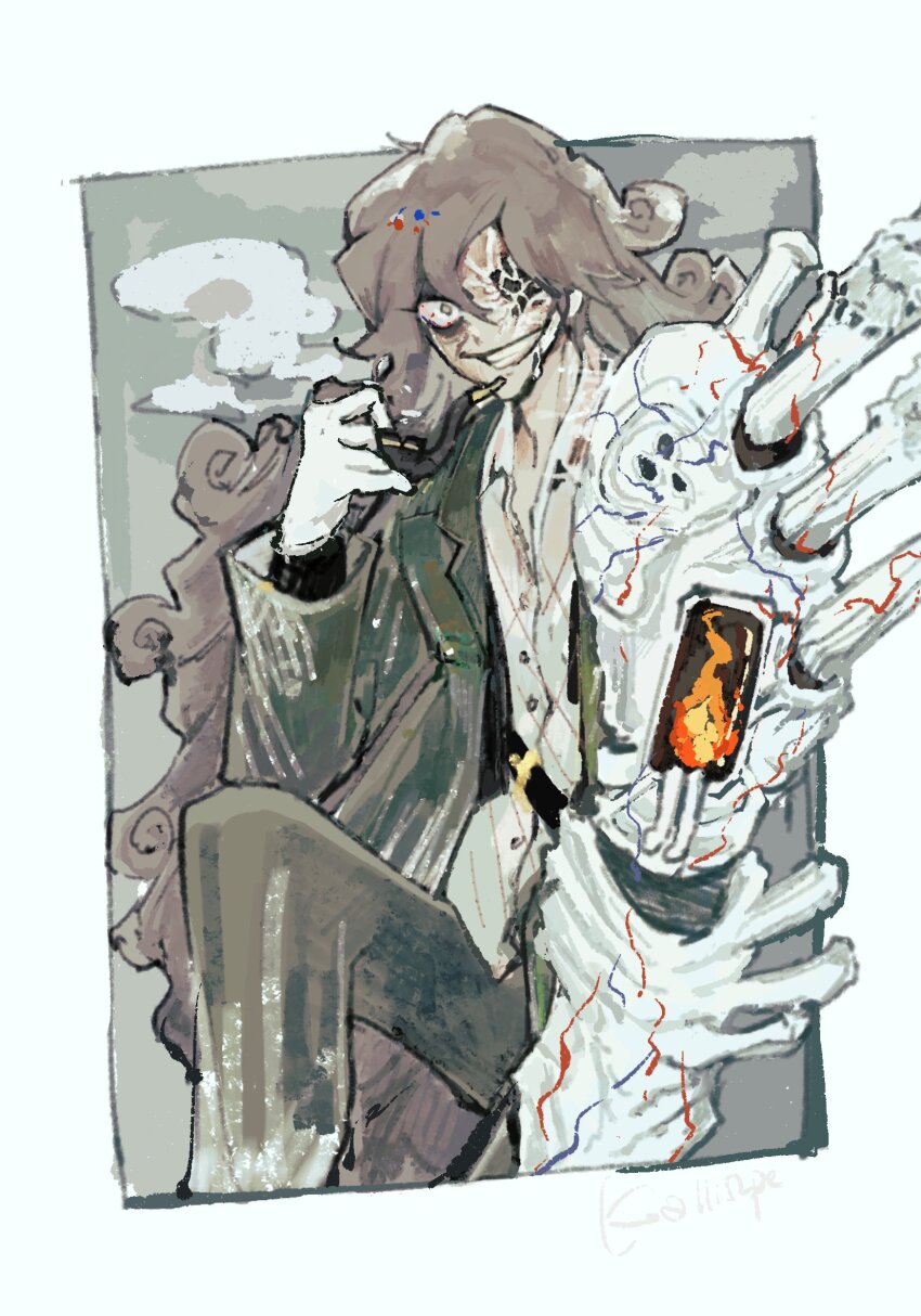 1girl, ahab_(project_moon), collared_shirt, gasharpoon_(e.g.o), gloves, green_jacket, green_pants, grey_hair