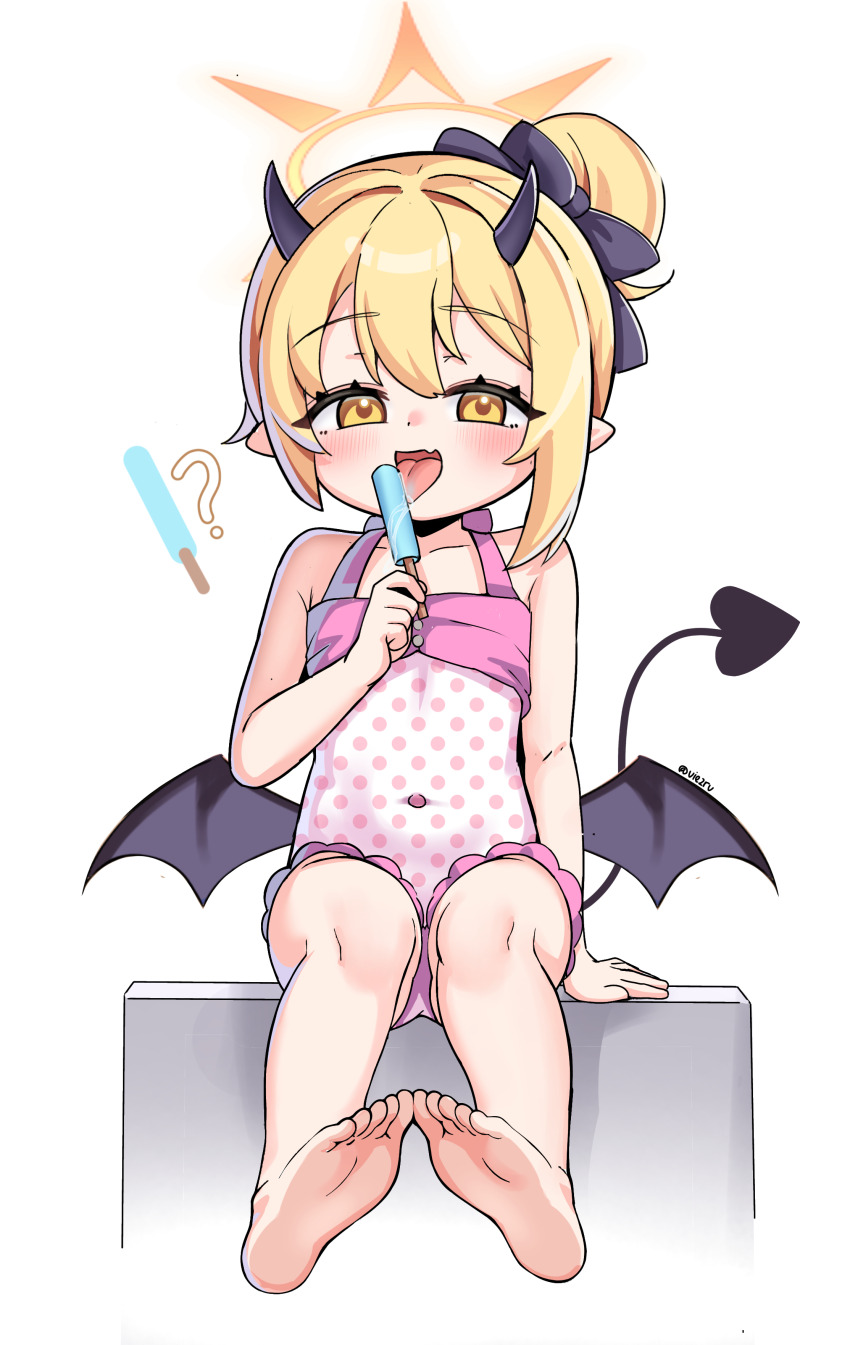 1girl, ?, absurdres, barefoot, black_horns, black_tail, black_wings, blonde_hair