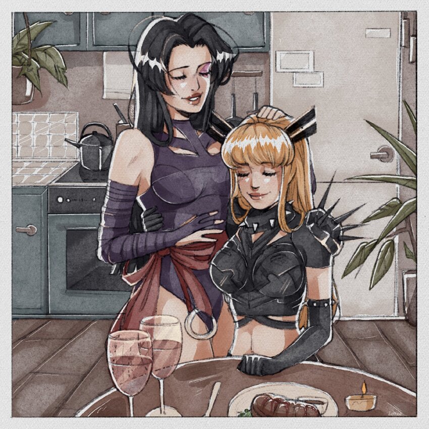 2girls, alcohol, armor, black_hair, blonde_hair, breasts, closed_eyes, cup, drinking_glass, elbow_gloves, food, gloves, hashtag-only_commentary, highleg, highleg_leotard, highres, hug, kitchen, leotard, long_hair, lottee_art, magik_(x-men), marvel, marvel_rivals, medium_breasts, multiple_girls, psylocke, psylocke_(vengeance), sash, smile, wine, wine_glass, x-men, yuri