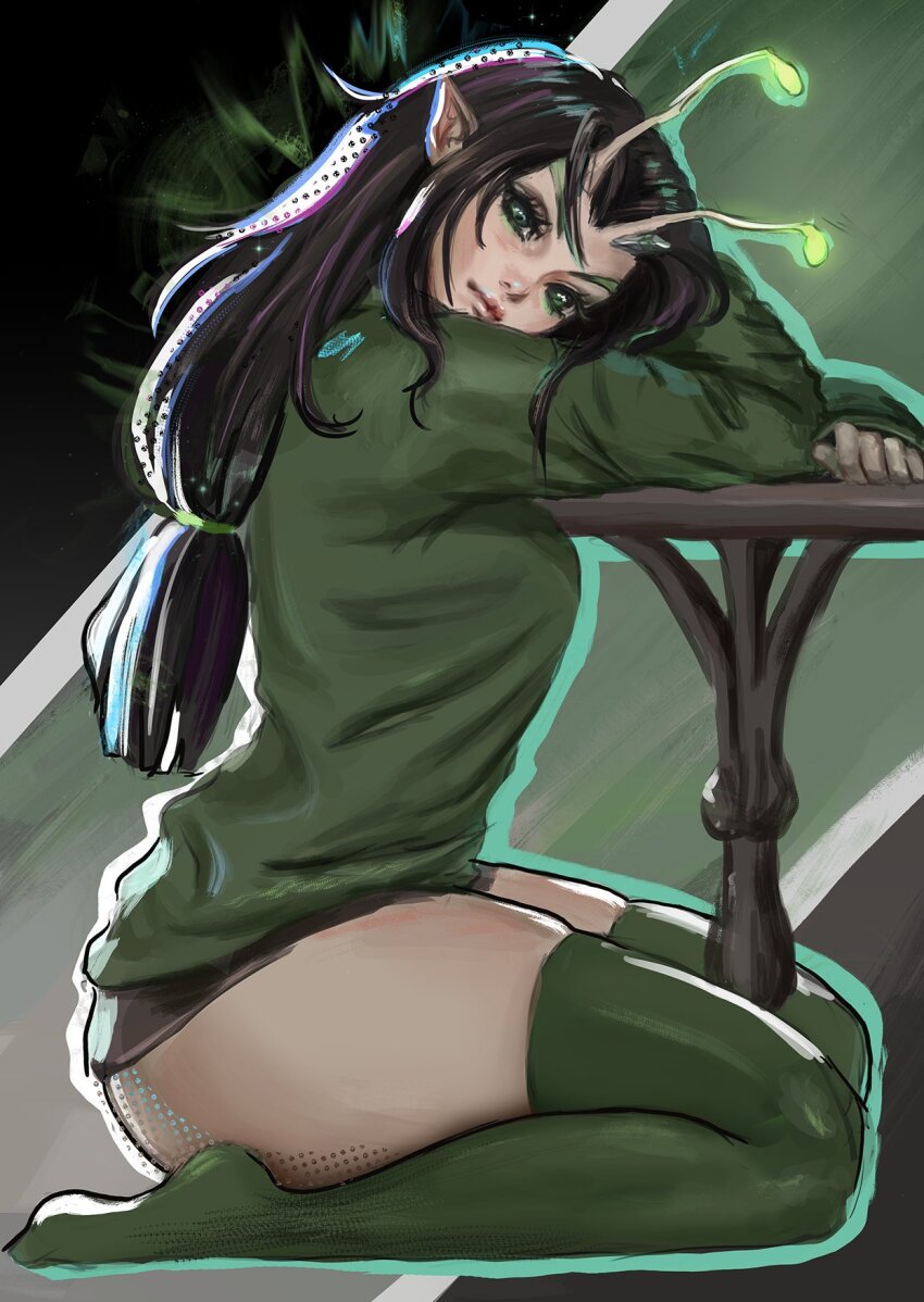 1girl, antennae, black_eyeshadow, black_hair, closed_mouth, eyeshadow, from_side, green_eyes, green_sweater, green_thighhighs, guardians_of_the_galaxy, highres, lips, long_hair, long_sleeves, looking_at_viewer, low-tied_long_hair, makeup, mantis_(marvel), marvel, marvel_rivals, no_shoes, pointy_ears, ponytail, seiza, sidelocks, sitting, solo, sweater, table, thighhighs, thighs, whails