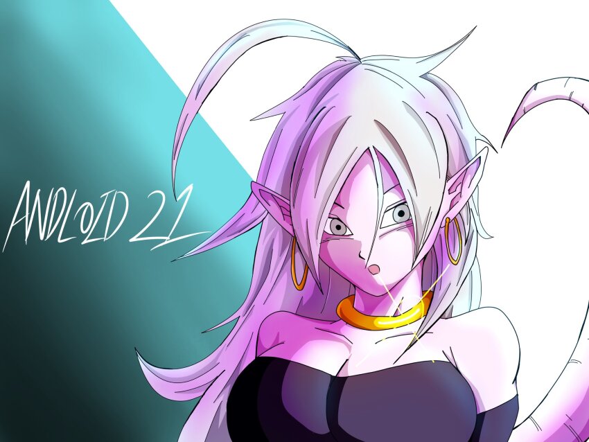 1girl, ahoge, android_21, black_tube_top, blue_background, breasts, character_name, cleavage