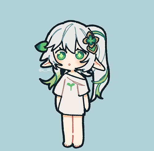 1girl, alternate_costume, arms_at_sides, barefoot, blue_background, carbuncly, casual, contemporary, cross-shaped_pupils, eyelashes, full_body, genshin_impact, green_eyes, green_hair, green_pupils, hair_between_eyes, hair_ornament, leaf, leaf_hair_ornament, long_hair, looking_at_viewer, lowres, multicolored_hair, nahida_(genshin_impact), oversized_clothes, oversized_shirt, plant_print, pointy_ears, shirt, short_sleeves, side_ponytail, sidelocks, single_off_shoulder, solo, standing, streaked_hair, symbol-shaped_pupils, t-shirt, toes, white_hair, white_shirt, white_sleeves