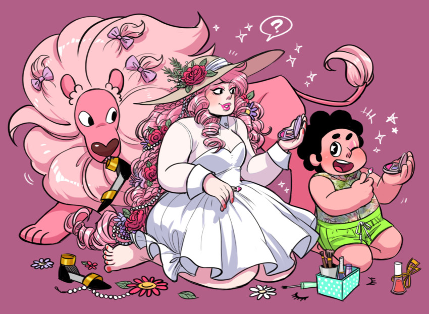 1boy, 1girl, brown_hair, colored_skin, curly_hair, dress, hat, junkmix_(c2ndy2c1d)