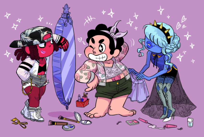 2girls, blue_hair, blue_skin, boots, brown_hair, colored_skin, cross-laced_clothes, cross-laced_legwear, hairband, high_heel_boots, high_heels, junkmix_(c2ndy2c1d), mirror, multiple_girls, red_hair, red_skin, ruby_(steven_universe), sapphire_(steven_universe), see-through_clothes, see-through_skirt, shorts, skirt, spiked_hairband, spikes, steven_quartz_universe, steven_universe