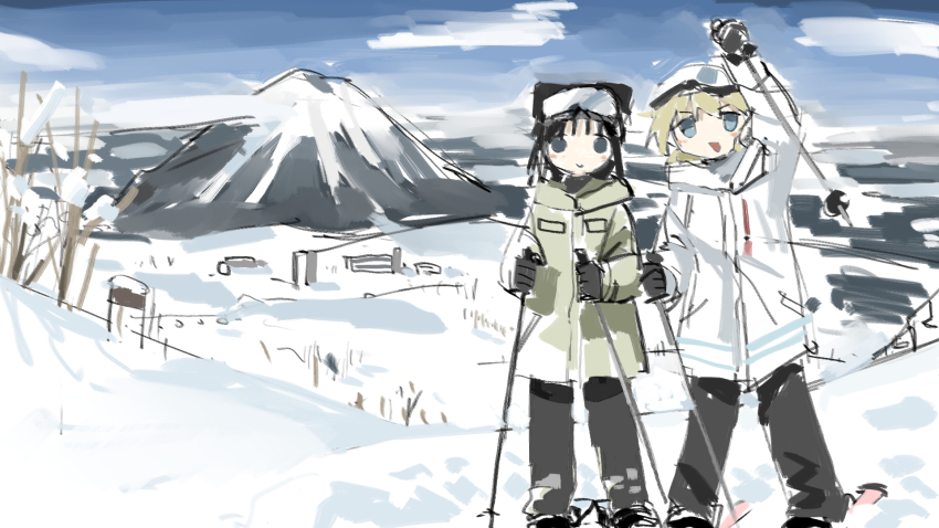 2girls, black_hair, blonde_hair, blue_eyes, chito_(shoujo_shuumatsu_ryokou), cloud, coat, contemporary, goggles, goggles_on_head, green_coat, highres, landscape, mountain, mountainous_horizon, multiple_girls, shoujo_shuumatsu_ryokou, ski_gear, ski_goggles, ski_pole, skiing, skis, sky, snow, snowscape, tsukumizu, white_coat, winter_clothes, winter_coat, yuuri_(shoujo_shuumatsu_ryokou)