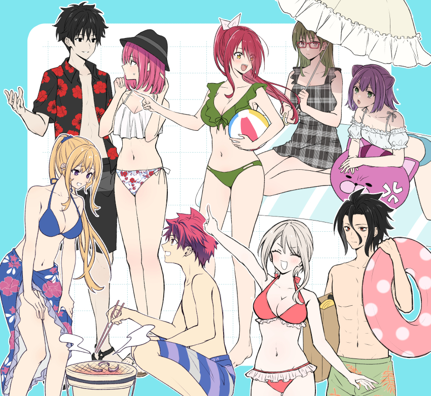 3boys, 6+girls, :d, :o, absurdres, akanegakubo_momo, alternate_costume, alternate_hairstyle