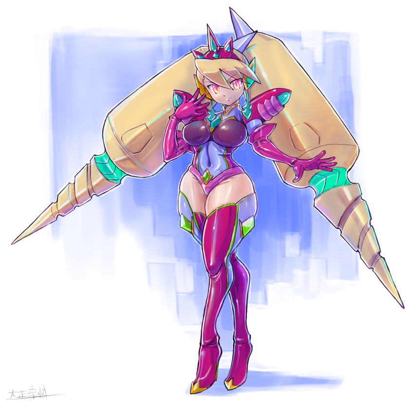 1girl, armor, boots, breasts, full_body, high_heel_boots, high_heels, highres