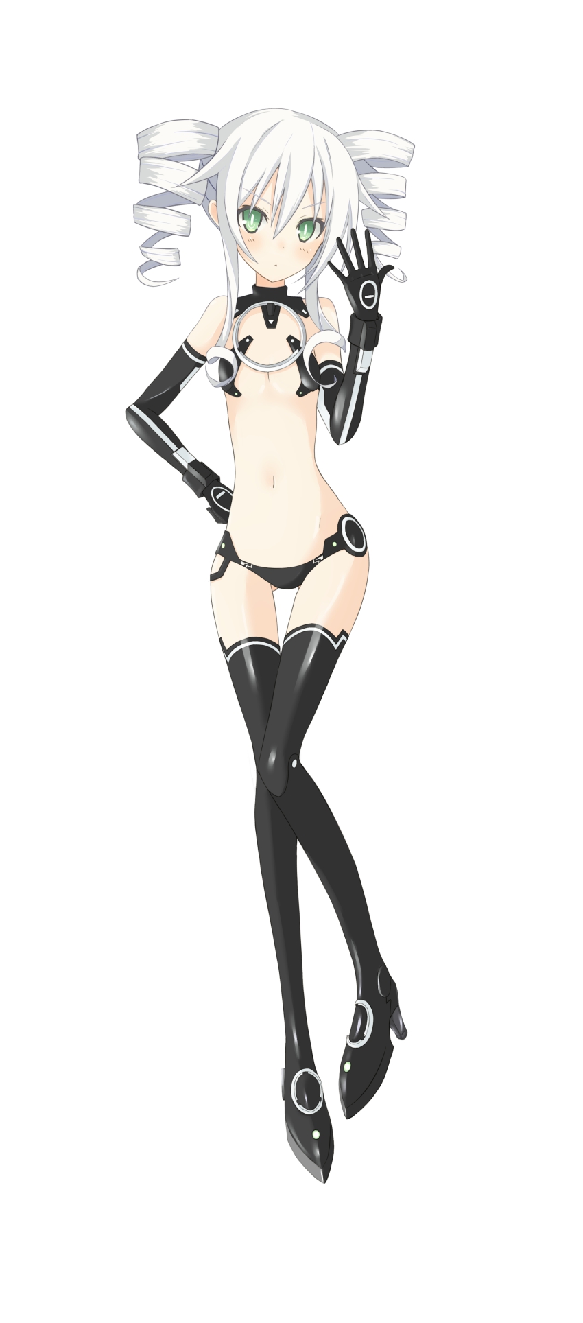 10s, 1girl, absurdres, armpits, bad_id, bad_pixiv_id, bikini, black_sister, black_sister_(next-gen_cradle), black_thighhighs, buran_(kure), choujigen_game_neptune_mk2, drill_hair, female_focus, flat_chest, gloves, green_eyes, hand_on_own_hip, highres, neptune_(series), revealing_clothes, simple_background, skinny, solo, swimsuit, thighhighs, twin_drills, twintails, uni_(neptunia), white_background, white_hair