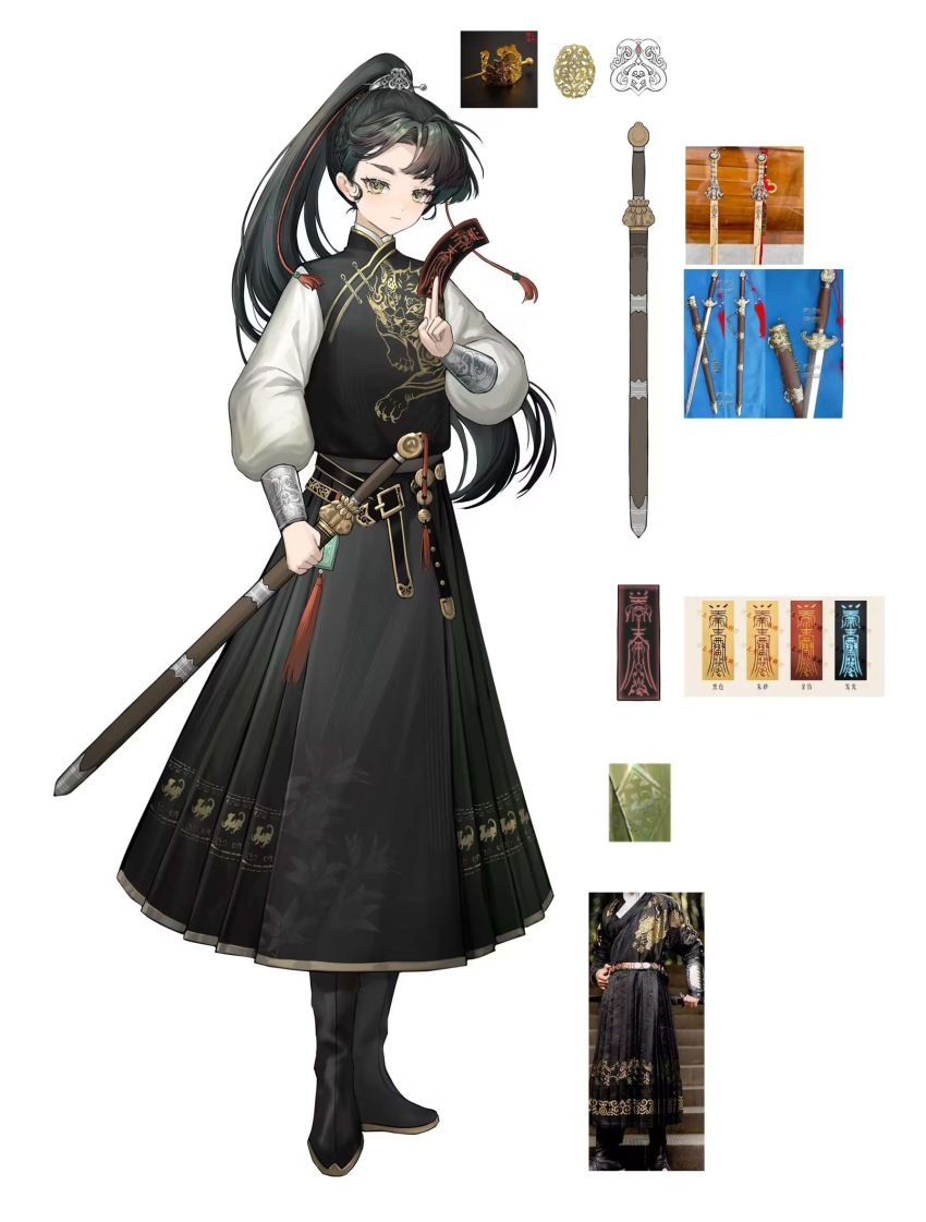 1girl, alternate_costume, between_fingers, black_boots, black_hair, black_robe, boots, chinese_clothes