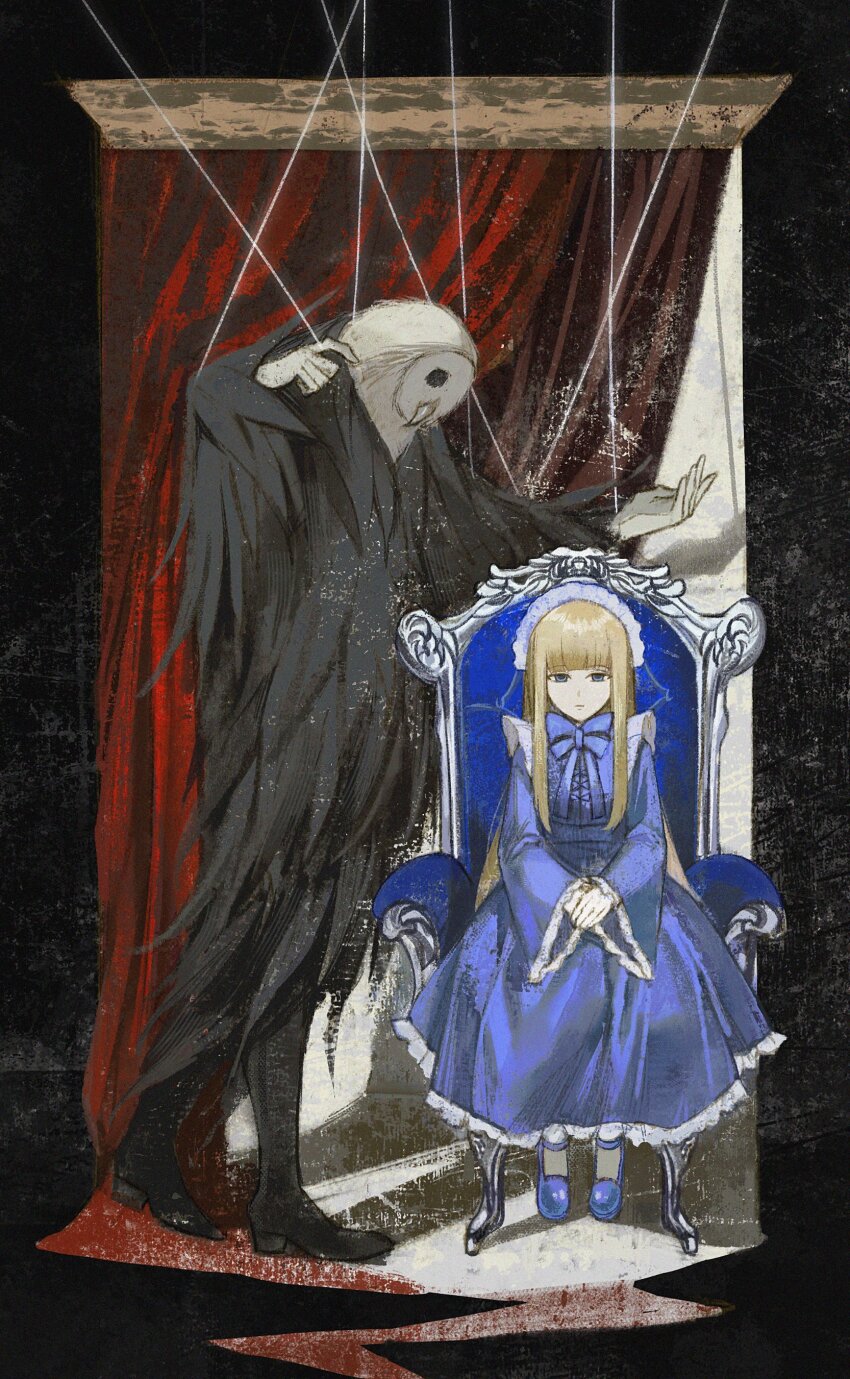 1boy, 1girl, absurdres, animal_head, armchair, black_coat, black_eyes, black_footwear