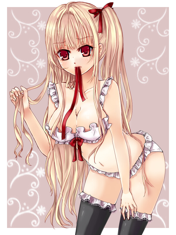 1girl, bent_over, black_thighhighs, bow, bra, breasts, cleavage, female_focus, hair_bow, leaning_forward, lingerie, long_hair, mouth_hold, navel, original, panties, pichagorou, red_eyes, ribbon, side_ponytail, solo, thighhighs, underwear, very_long_hair