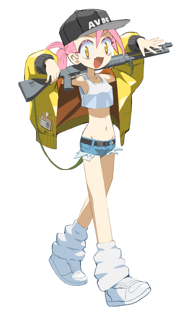 1girl, baseball_cap, commentary_request, crop_top, denim, denim_shorts, full_body, grayfax_software, gun, hat, jacket, looking_at_viewer, loose_socks, navel, nitro_express, open_clothes, open_jacket, open_mouth, pink_hair, ponytail, shoes, short_shorts, shorts, shotgun, simple_background, smile, sneakers, socks, solo, weapon, white_background, yellow_eyes