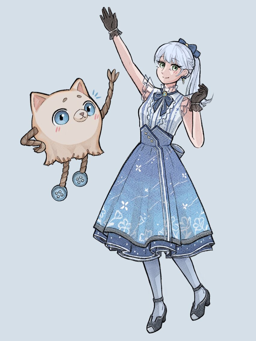 1girl, animal_ears, aqua_eyes, arm_up, back_bow, bead_bracelet, beads, beanie_(infinity_nikki), black_footwear, black_gloves, blue_background, blue_bow, blue_bowtie, blue_hair, blue_pantyhose, blue_skirt, bow, bow_earrings, bowtie, bracelet, braid, brooch, cat_ears, center_frills, closed_mouth, collared_shirt, commentary, earrings, english_commentary, eyelashes, floral_memory_(infinity_nikki), floral_print, frilled_gloves, frilled_shirt, frills, full_body, gloves, hair_bow, hand_on_own_hip, happy, high-waist_skirt, high_heels, highres, infinity_nikki, jewelry, light_blush, long_hair, medium_skirt, neck_ribbon, nikki_(series), notice_lines, nxnjakat, pantyhose, piecey, pleated_skirt, ponytail, pumps, ribbon, shirt, side_braid, simple_background, skirt, sleeveless, sleeveless_shirt, smile, standing, white_ribbon, white_shirt