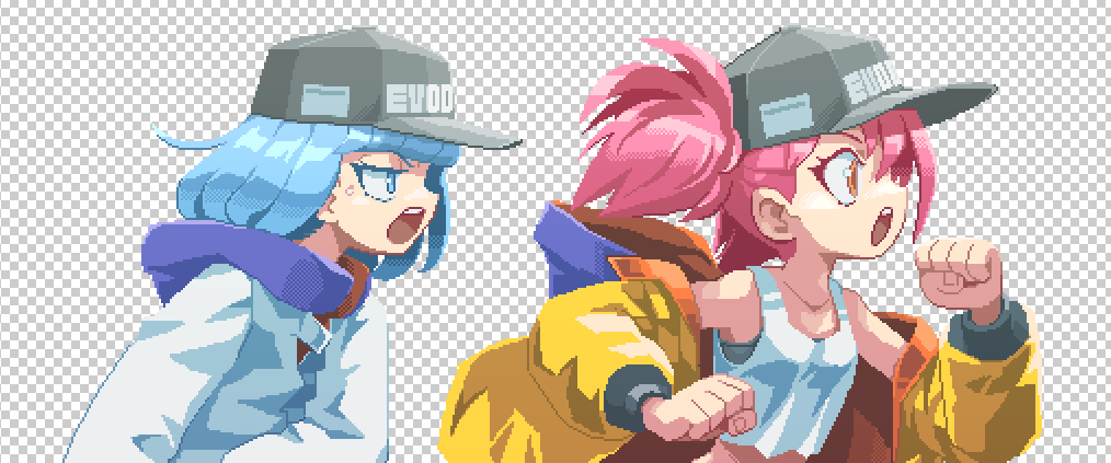 2girls, baseball_cap, blue_eyes, blue_hair, breasts, crop_top, fake_transparency, from_side