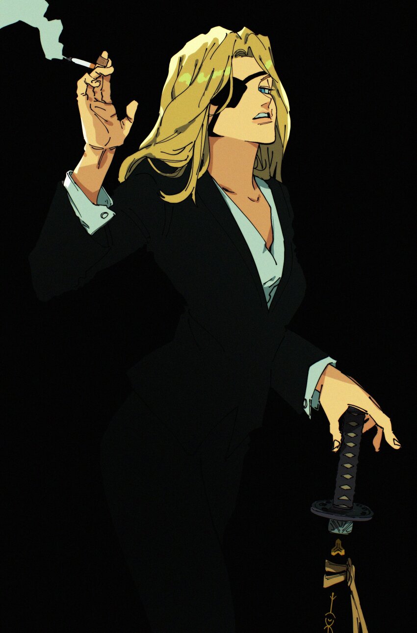 1girl, absurdres, black_background, black_suit, blonde_hair, blue_eyes, cigarette, commentary