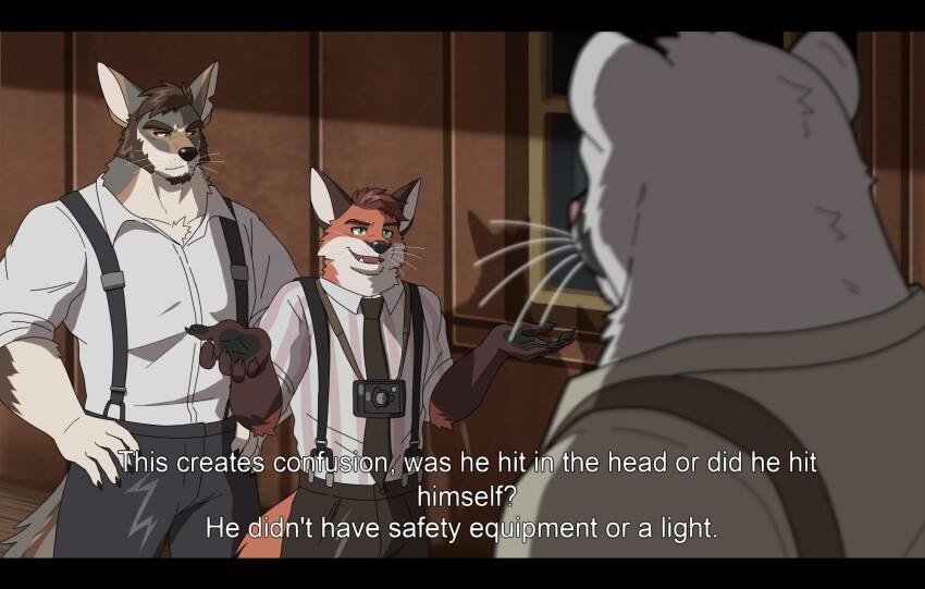 3boys, animal_ears, beard, camera, claws, closed_mouth, commentary, coyote_boy