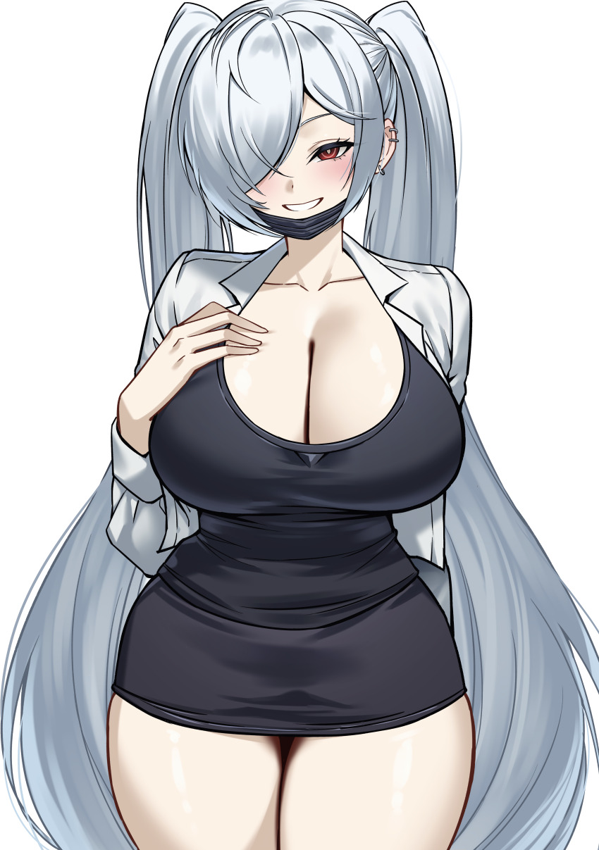 1girl, absurdres, black_dress, black_mask, breasts, cinderella_(nikke), cleavage, cowboy_shot