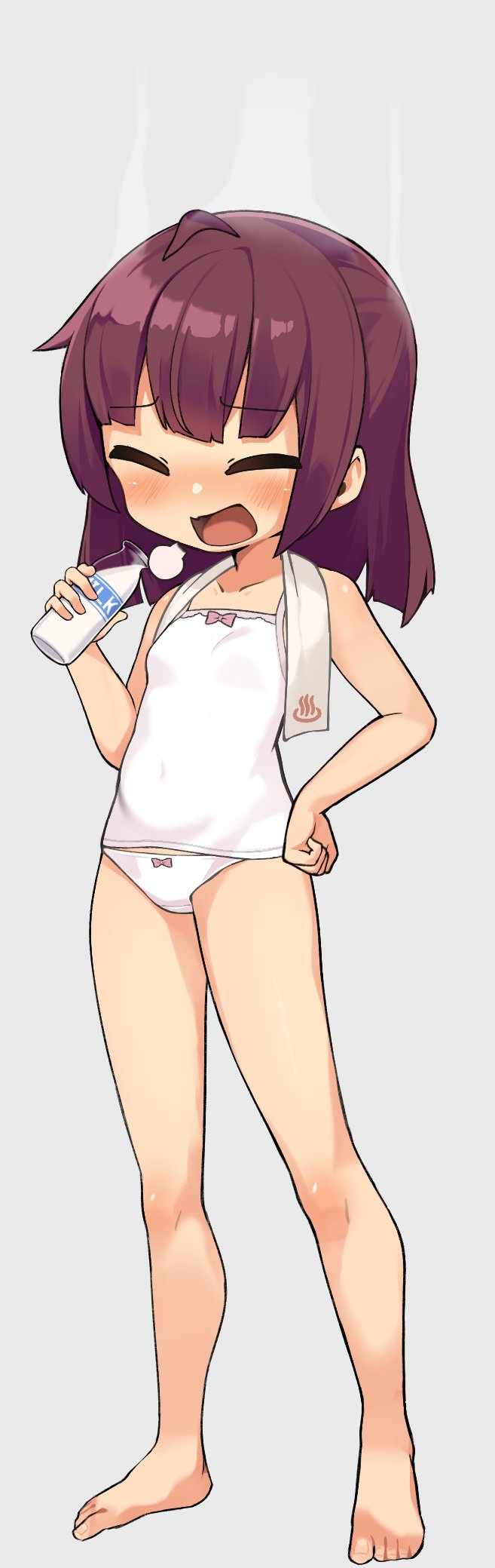 1girl, barefoot, blush, bottle, brown_hair, camisole, closed_eyes, flat_chest