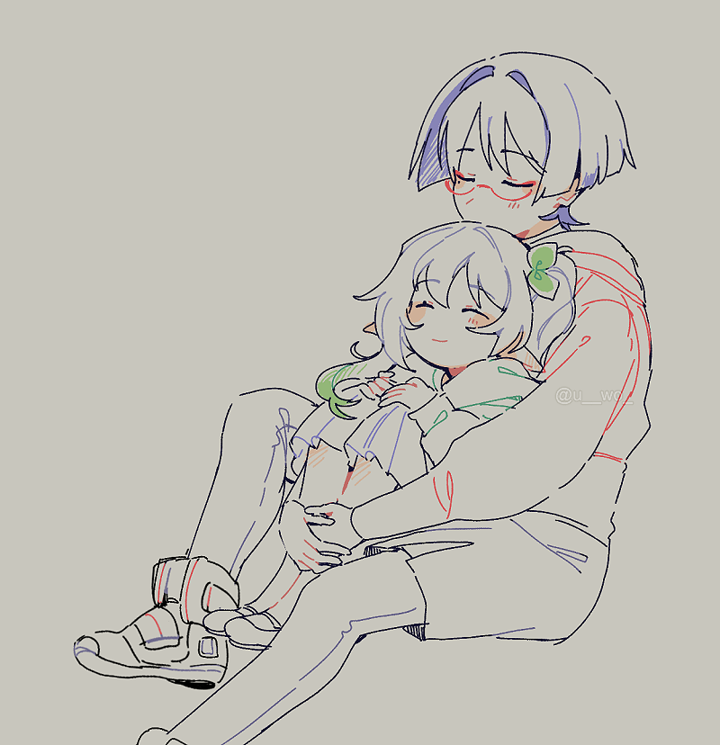 1boy, 1girl, alternate_costume, behind_another, bespectacled, blunt_ends, blush, bow