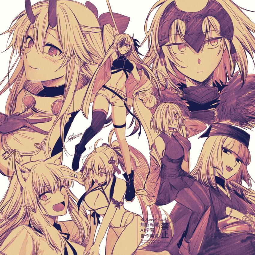 6+girls, ahoge, animal_ears, asymmetrical_legwear, bare_shoulders, bikini, blunt_bangs, breasts