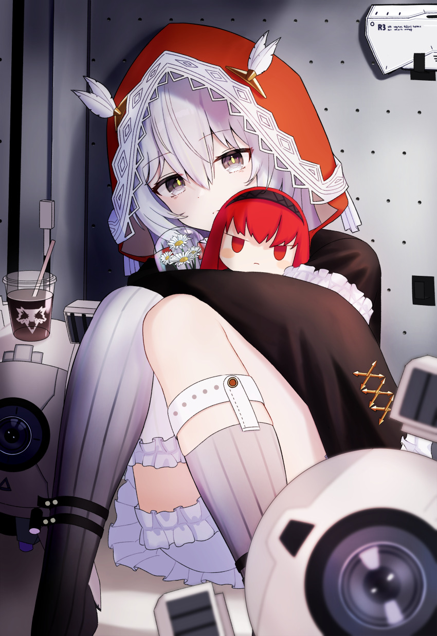 1girl, 1other, absurdres, alpha-ikanago, asymmetrical_legwear, black_dress, black_hairband, character_doll