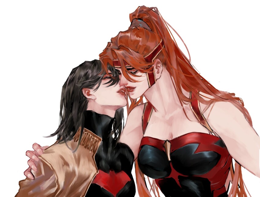 artemis_of_bana-mighdall, bare_shoulders, batman_(series), batman_symbol, black_hair, bodysuit, breasts, cleavage, couple, dc_comics, dtleavemealone, genderswap, genderswap_(mtf), grey_bodysuit, highres, imminent_kiss, jacket, jason_todd, large_breasts, long_hair, multicolored_bodysuit, multiple_girls, muscular, muscular_female, red_hair, red_hood_(dc), red_hood_and_the_outlaws, short_hair, superhero_costume, two-tone_bodysuit, very_long_hair, yuri