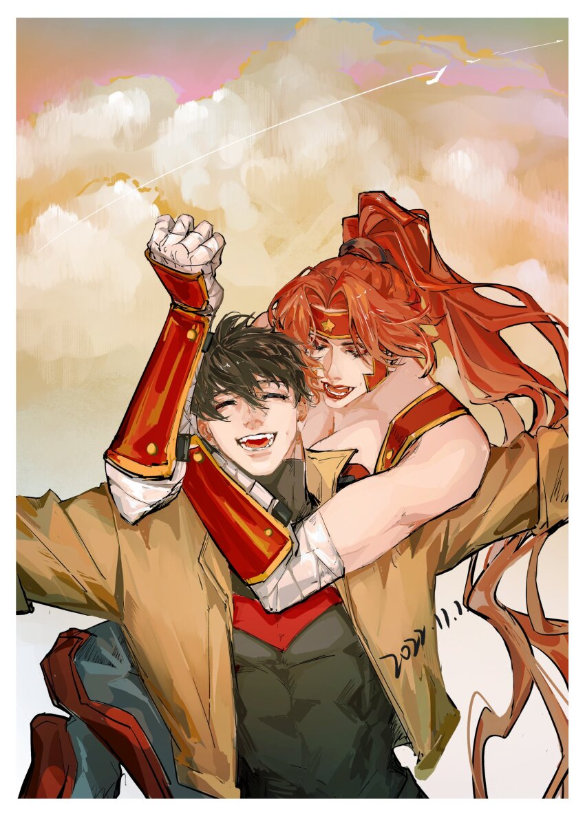 1boy, 1girl, :d, absurdres, artemis_of_bana-mighdall, assertive_female, bandaged_hand, bandages