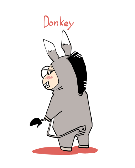 1boy, aged_down, black_eyes, child, commentary_request, cosplay, donkey_costume, full_body, glasses, kigurumi, looking_at_viewer, looking_back, male_focus, randal's_friends, randal_ivory, simple_background, solo, standing, translation_request, tsukasa_(tsukasa_mimizuku), white_background