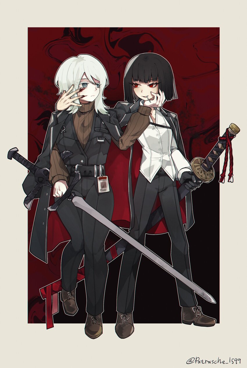 2girls, absurdres, belt, black_belt, black_gloves, black_hair, black_jacket, black_pants