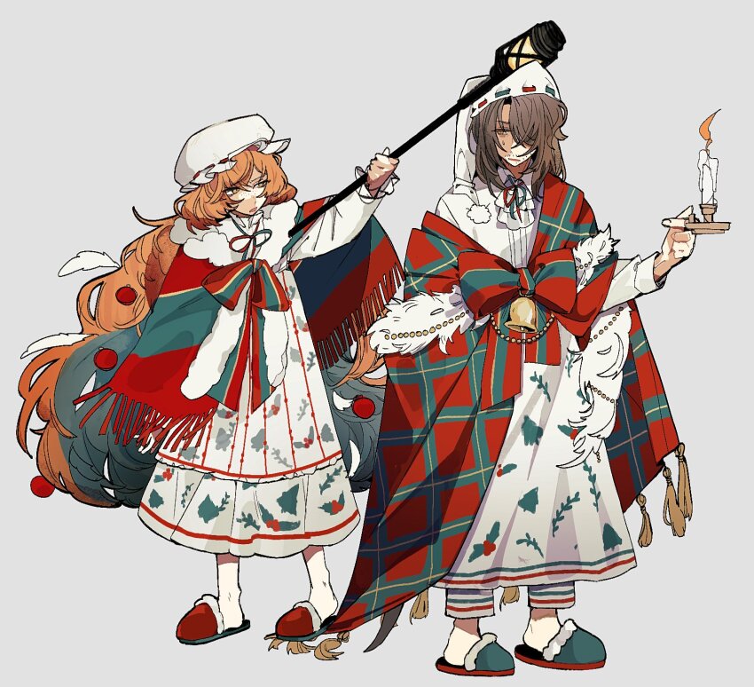 1boy, 1girl, brown_hair, candle, christmas_nightmare_(e.g.o), christmas_ornaments_in_hair, dress, e.g.o_(project_moon)