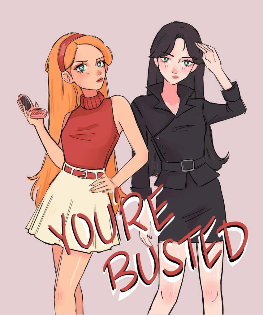 2girls, animification, artist_request, black_eyes, blue_eyes, breasts, brown_hair, candace_flynn